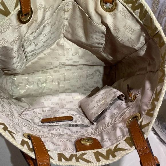 Michael Kors Signature Beige & Tan Logo Shoulder Bag - Picture 4 of 7